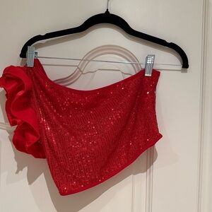 SU IDEAS Red  sequence One-Shoulder Top